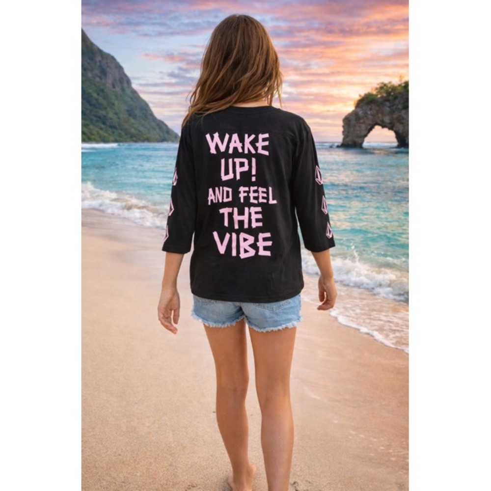 NWT Volcom Girls 10/12 Black Graphic WAKE UP! AND FEEL THE VIBE 3/4 Sleeve Shirt